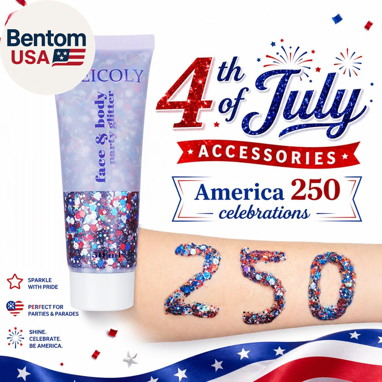 Red White and Blue Body Glitter,4Th of July Patriotic Accessories Hair Glitter f