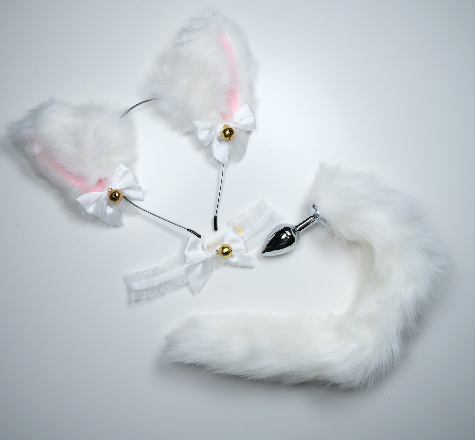 Black Pink White Cute Ear With Bell Bows Cat Ears BDSM Pet Play Set Cosplay