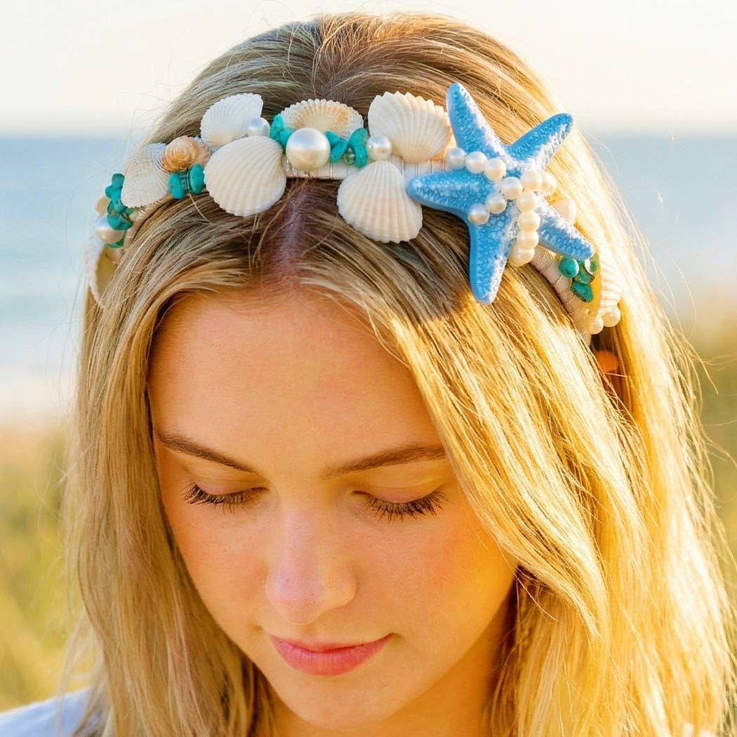 Blue Starfish Headband Seashell Hair Band Pearl Turquoise Beach Wedding
