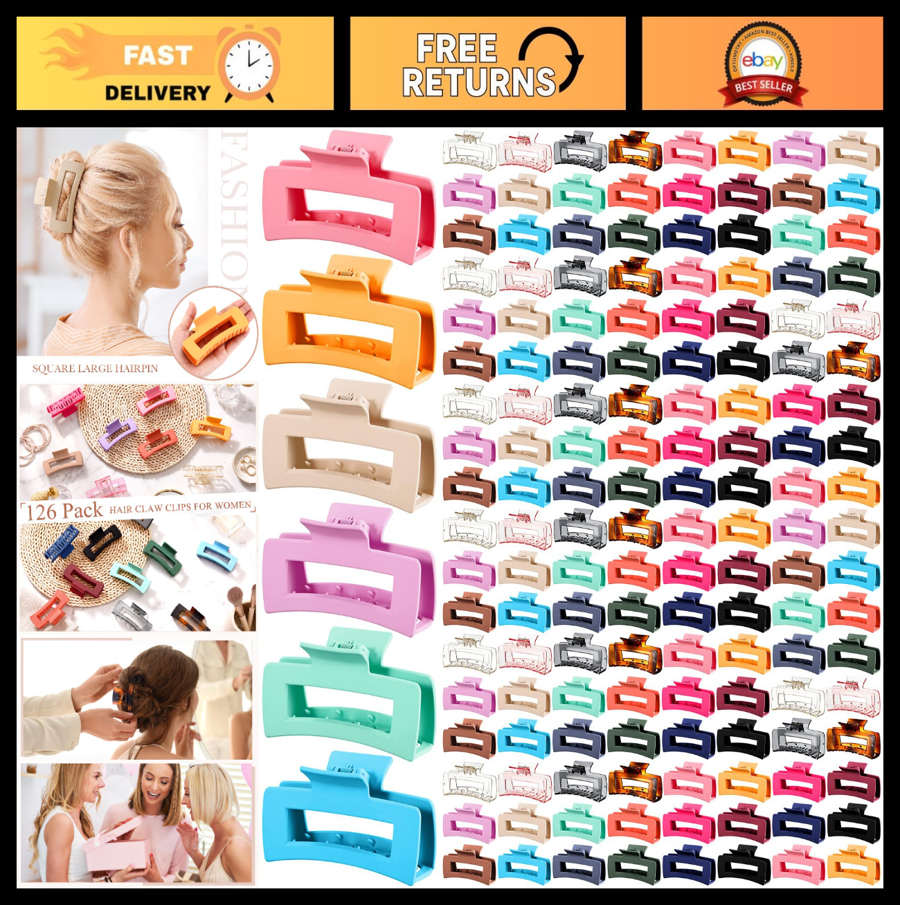 36 Pcs Large Hair Claw Clips – 4.1 Inch Matte Rectangular Barrettes, Strong Hold