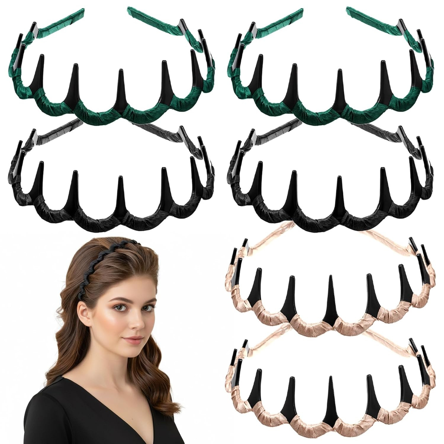 6 PCS ZigZag Headbands for Women Non Slip Claw Headband Retro High Skull Headban