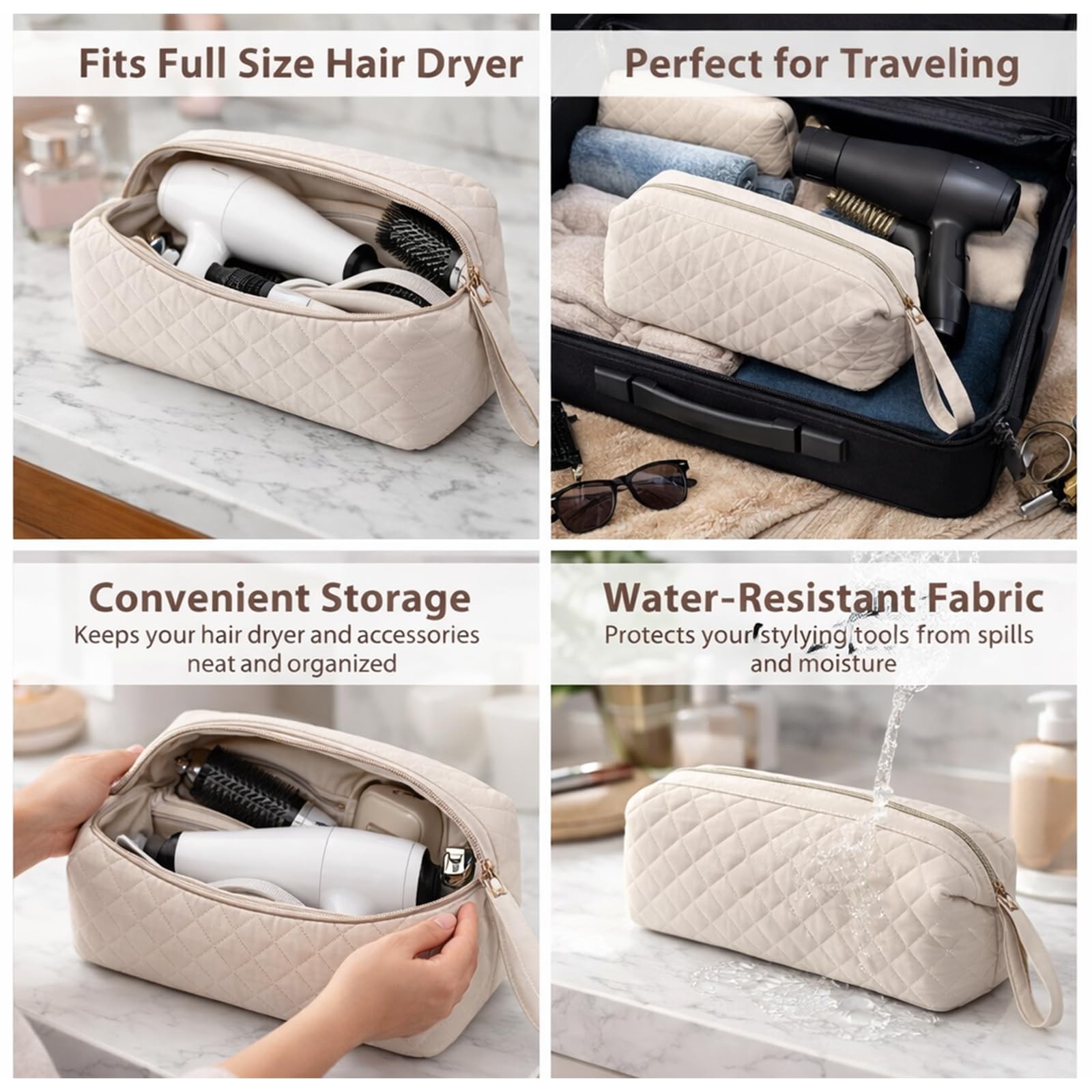 Pierides Quilted Hair Tools Travel Organizer Bag,Portable Large large, Beige