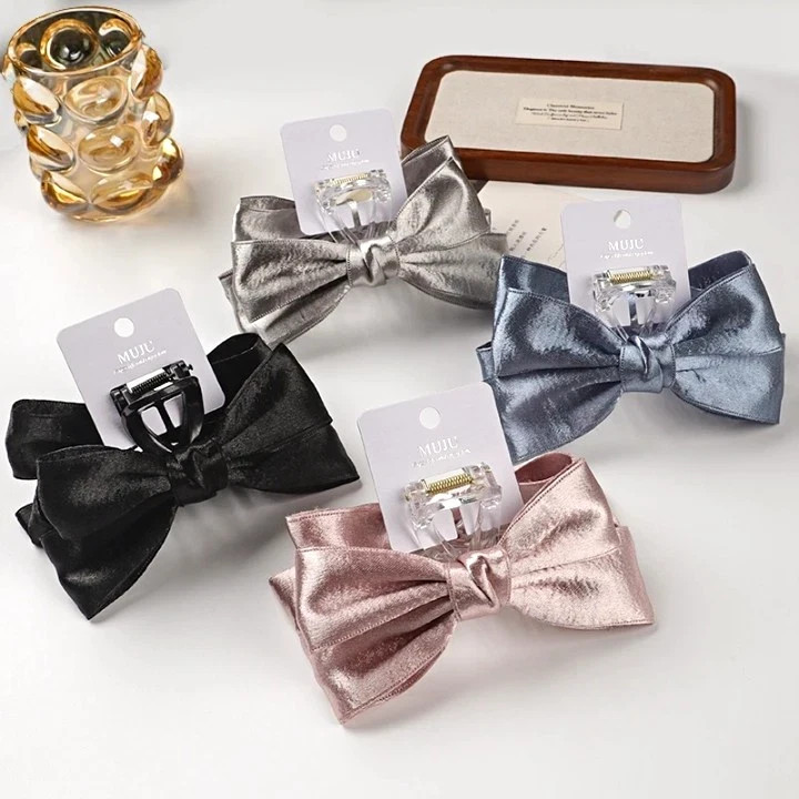 MUJU Hair Claw Clip 13cm Fabric Bow Accent Solid Pattern Multicolor D221