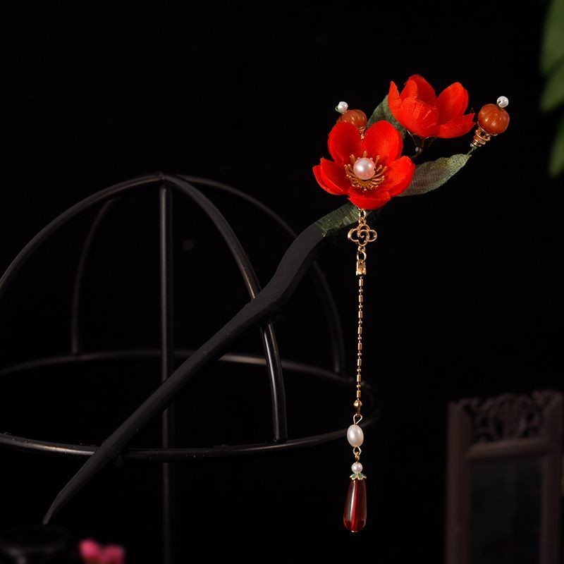 Plum Blossom Wooden Hair Stick Tassel Hairpin Hanfu Qipao Vintage Accessory