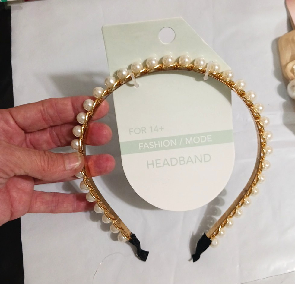 Hair Bands lot of 6. Pink bow, padded. pearl beads on goldtone band. All 6 New