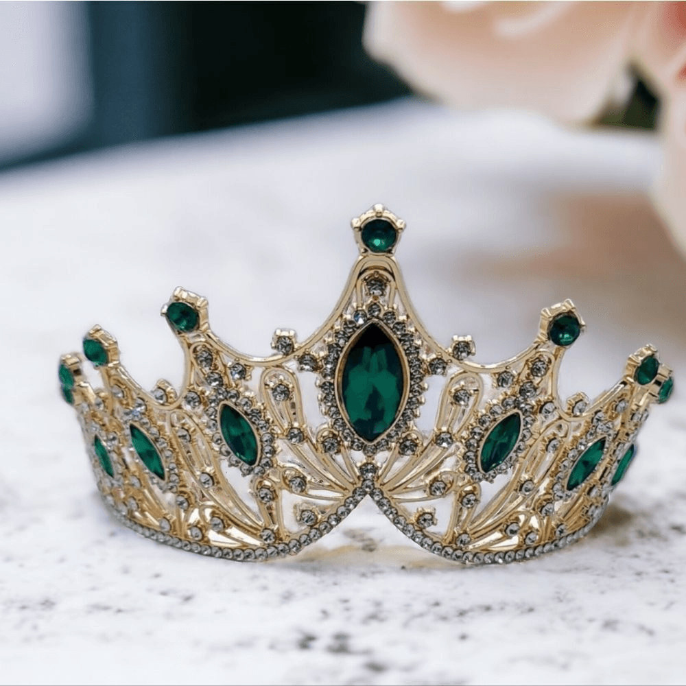 Emerald Gold Tiara Royal Wedding Bride Bridal Pageant Crown Rhinestone Birthday