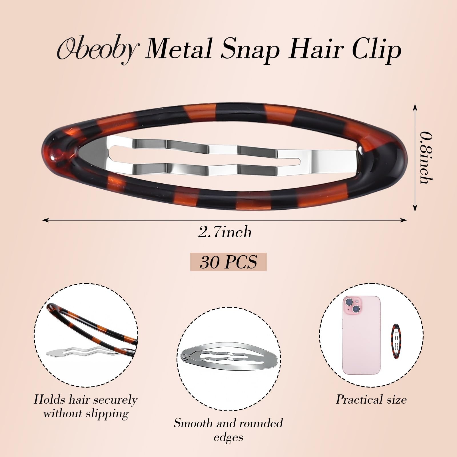 obeoby 30 Pcs Snap Hair Clip for Women, 2.7 In Oval Tortoise Tortoiseshell