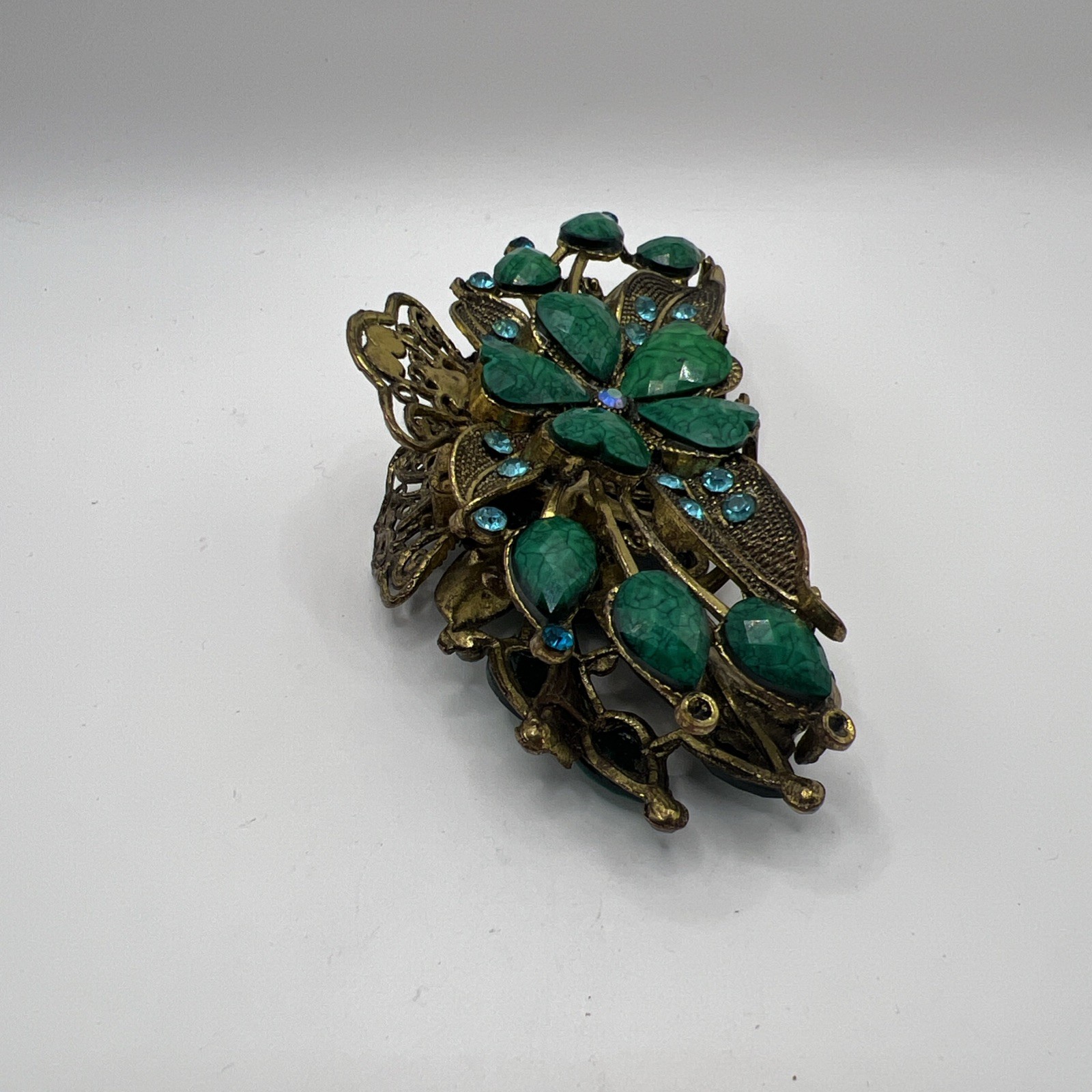 Emerald Green Glass Blue Rhinestone Floral Hair Claw Clip