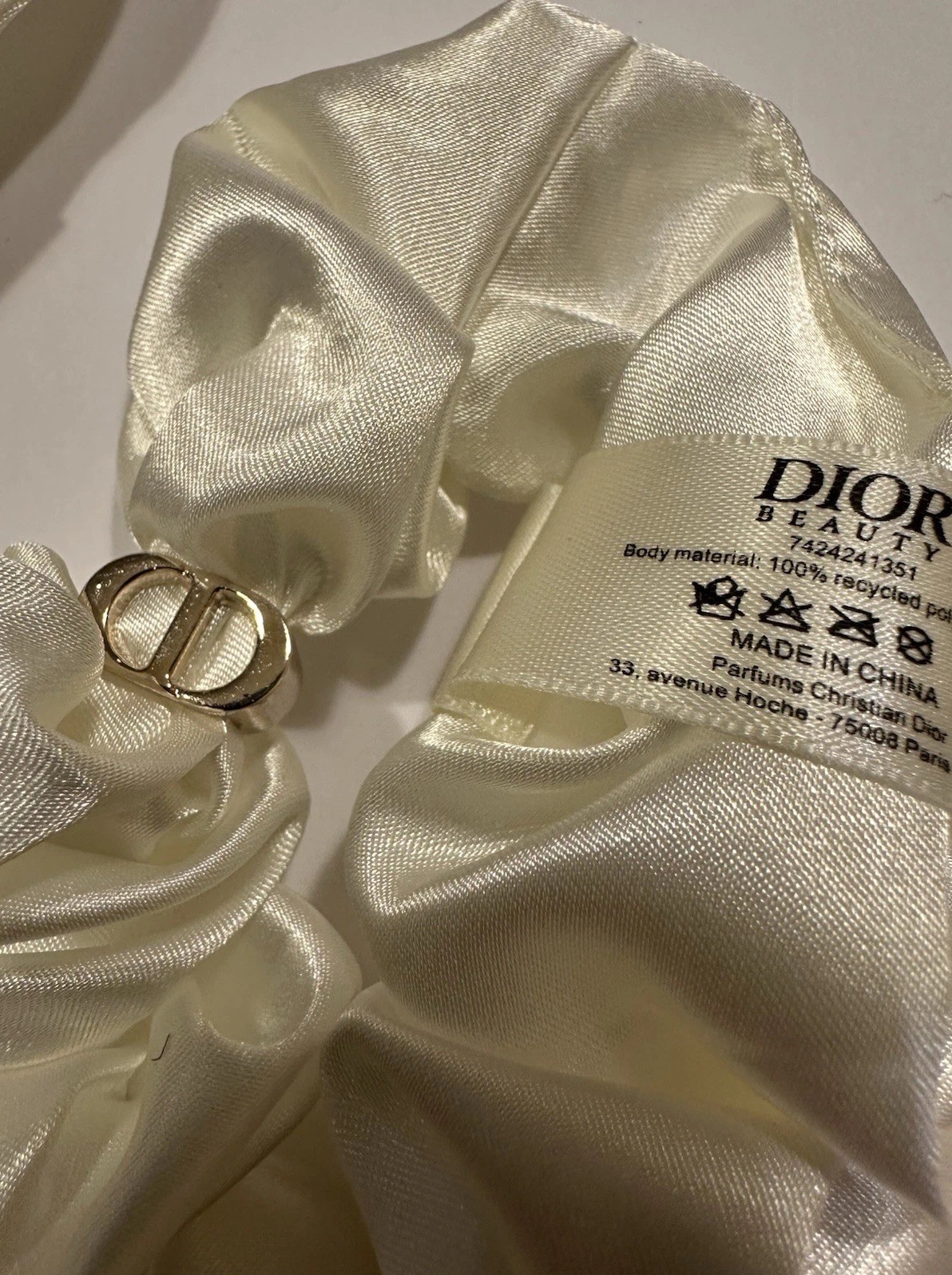 DIOR Beauty White Satin Logo Scrunchie 100% Recycled Polyester Women’s Designer