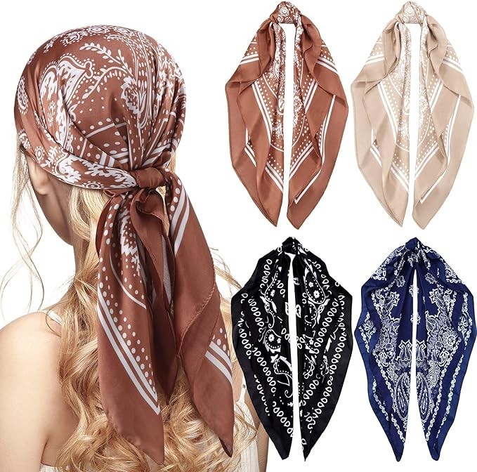 4 Pcs 27” Square Satin Bandanas for Women, Paisley Head Scarves Neck Hair Wrap