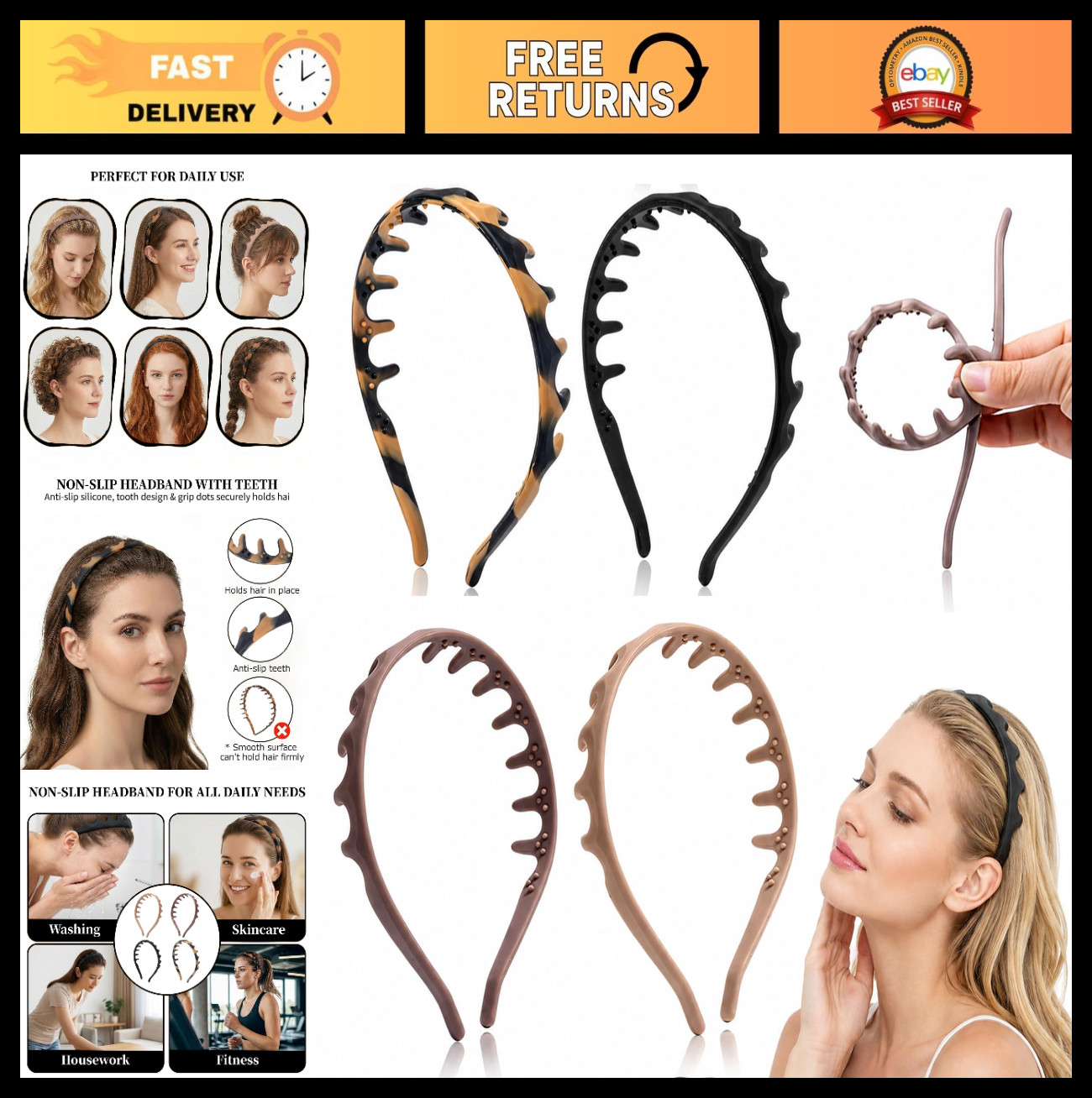 Non-Slip Silicone Headbands for Women, Soft Bendable Hair Bands, No Headache, Sh