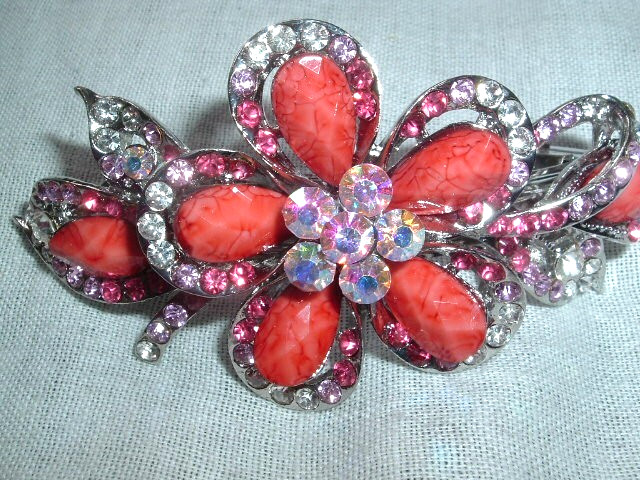 Pink White Red Rhinestone Floral 4″ Hair Barrette NEW