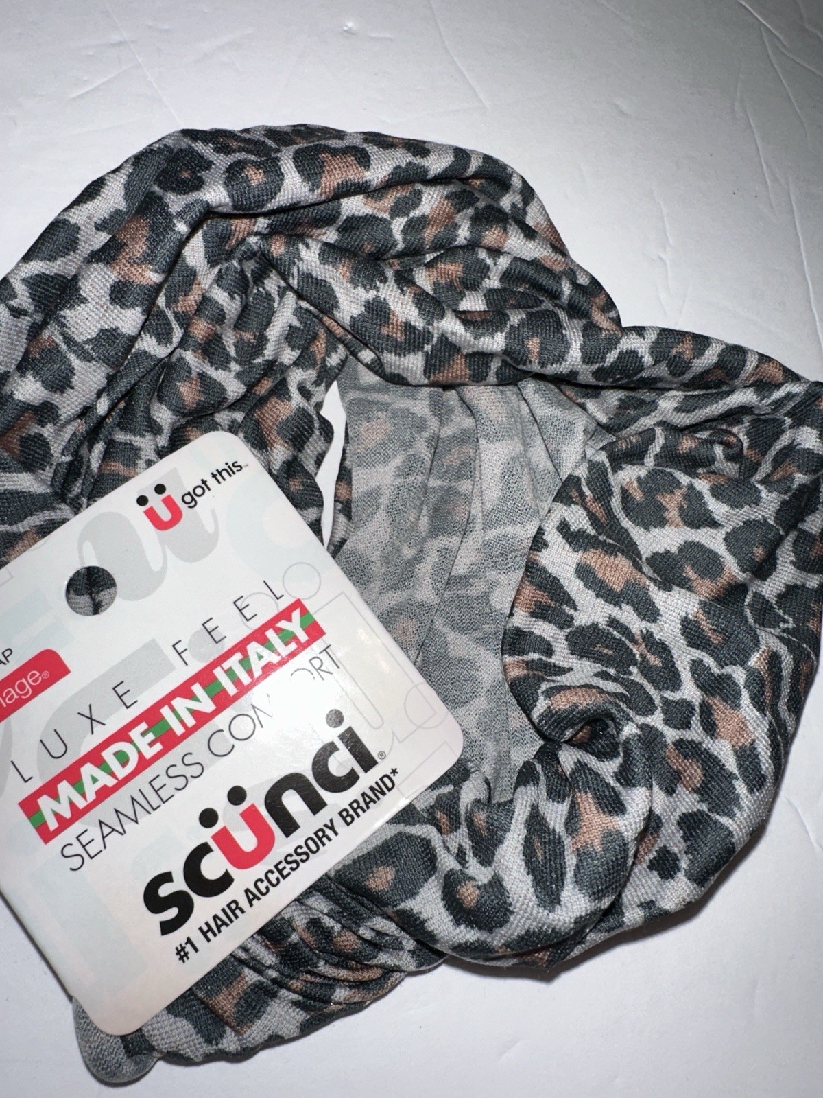 SCUNCI One Piece Gray & Brown Leopard Print Headwrap Seamless Comfort Luxe Feel