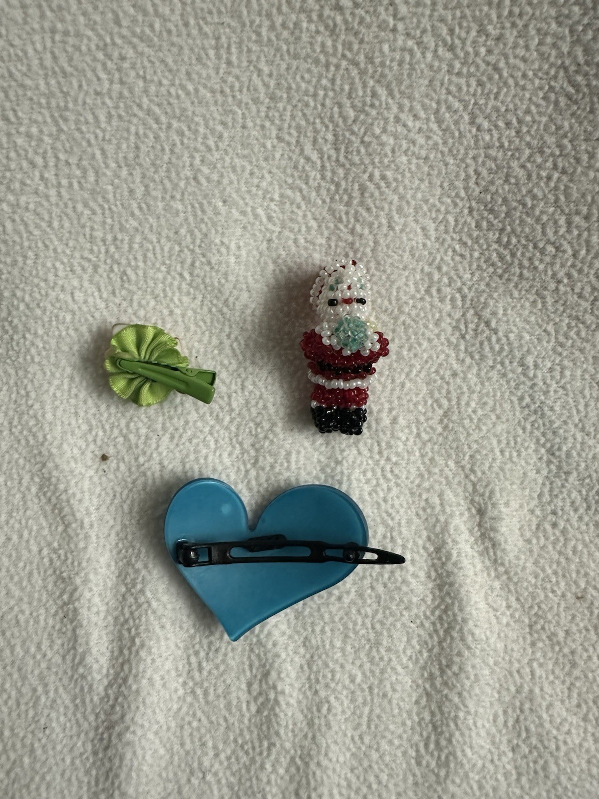 Lot of 3 Women’s Hair Barrettes Blue Polka Dot Heart & Santa Beaded Clips