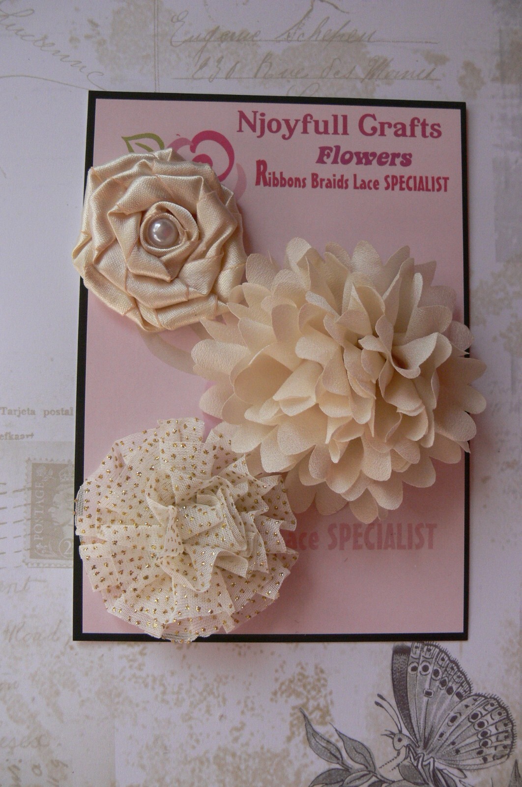 CREAM 3 Flower Mix Silk Organza Lace Satin Fabric 50, 60 & 70mm HANDMADE HM1-6 ?