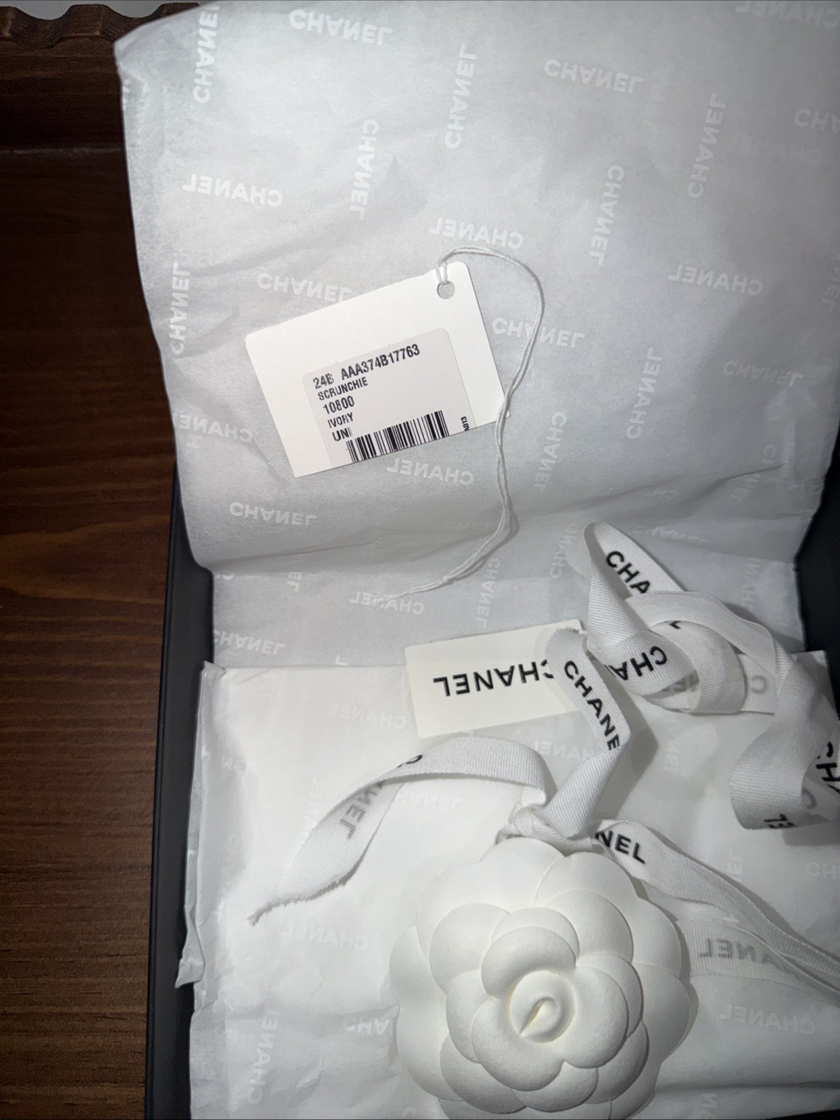 Chanel Hair Bow Scrunchie Ivory Silk White 24B with box and Camilla Flower ￼