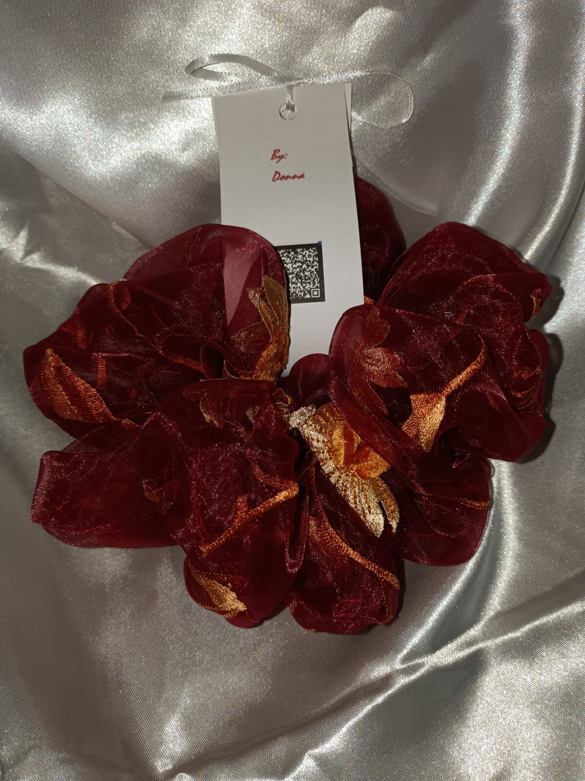 Handmade Women’s Scrunchies size XL Crimson Chiffon Flower Embroidered New