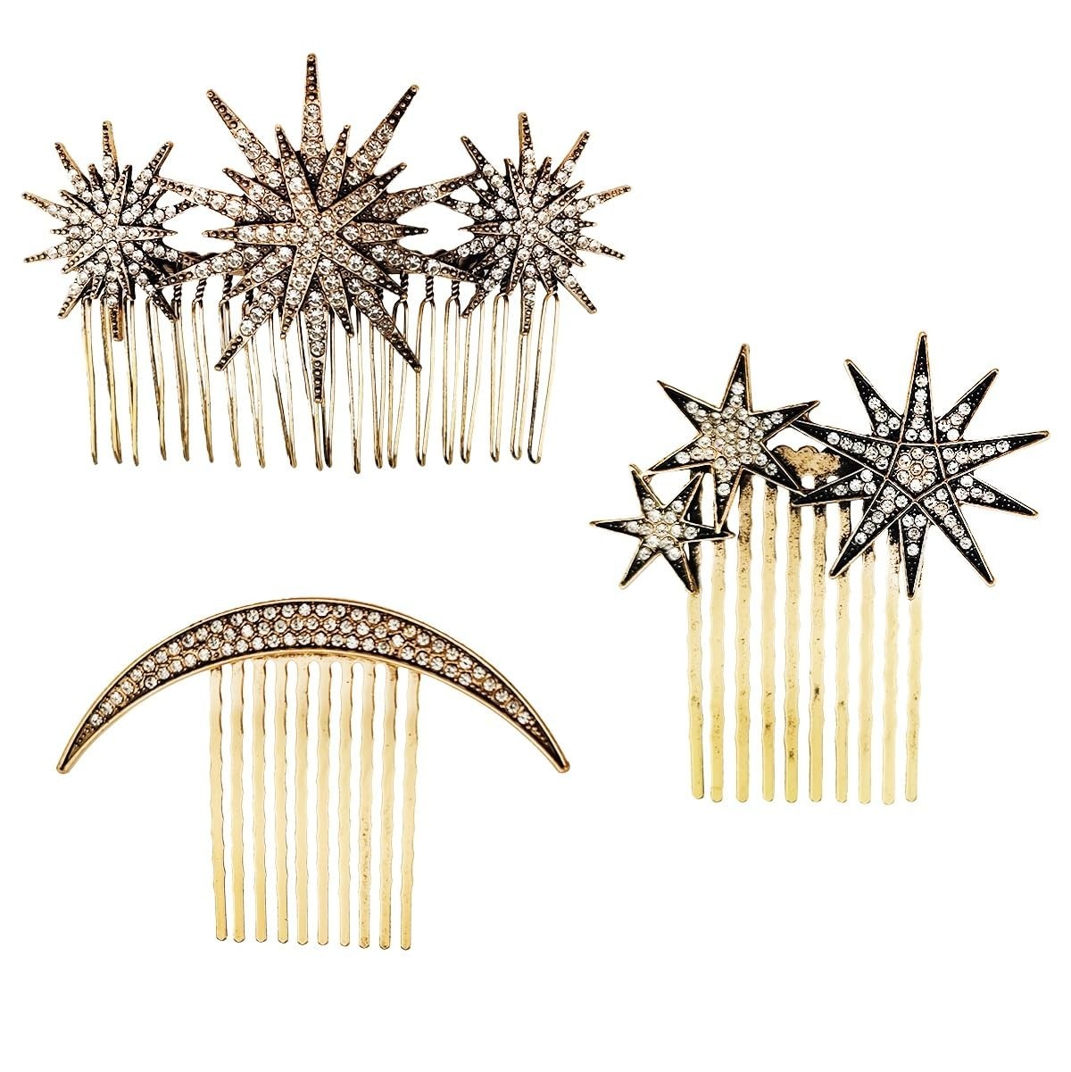 3PCS Alloy Vintage Hair Side Combs for Women, Moon Star Retro Rhinestone Metal H