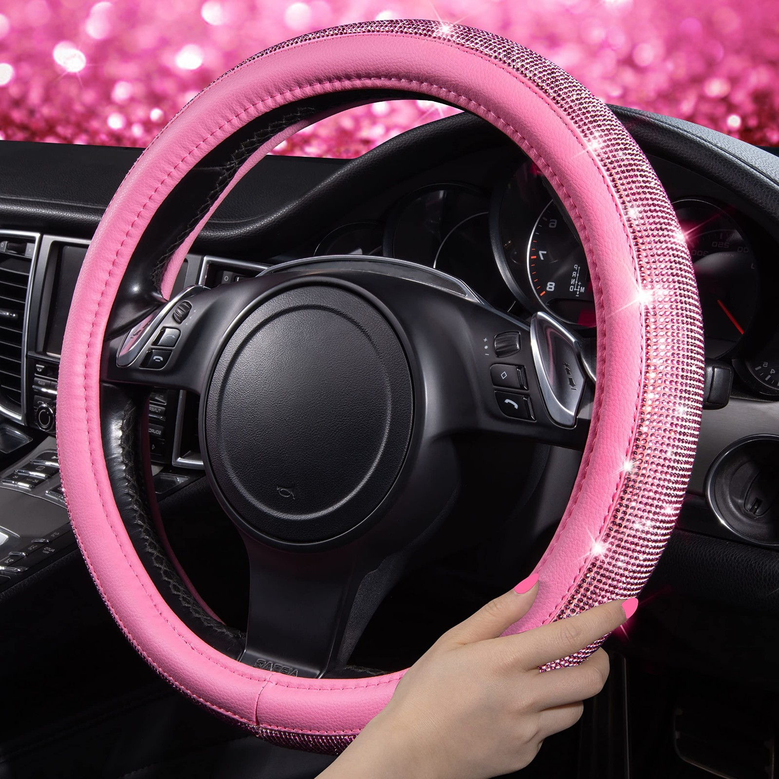 11 PCS Bling Car Accessories Set for Women – Rhinestone Steering Wheel Cover, Se