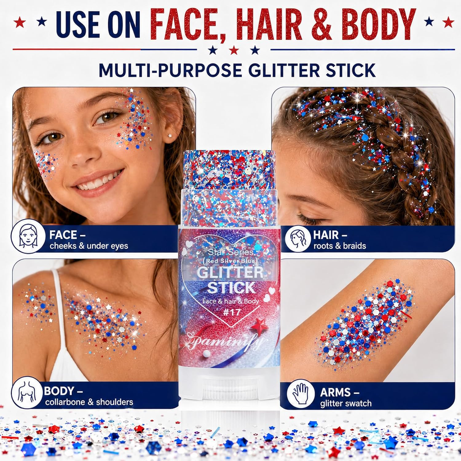 Red White Blue Hair Glitter Stick,4Th of July Patriotic America Stripe Star Face