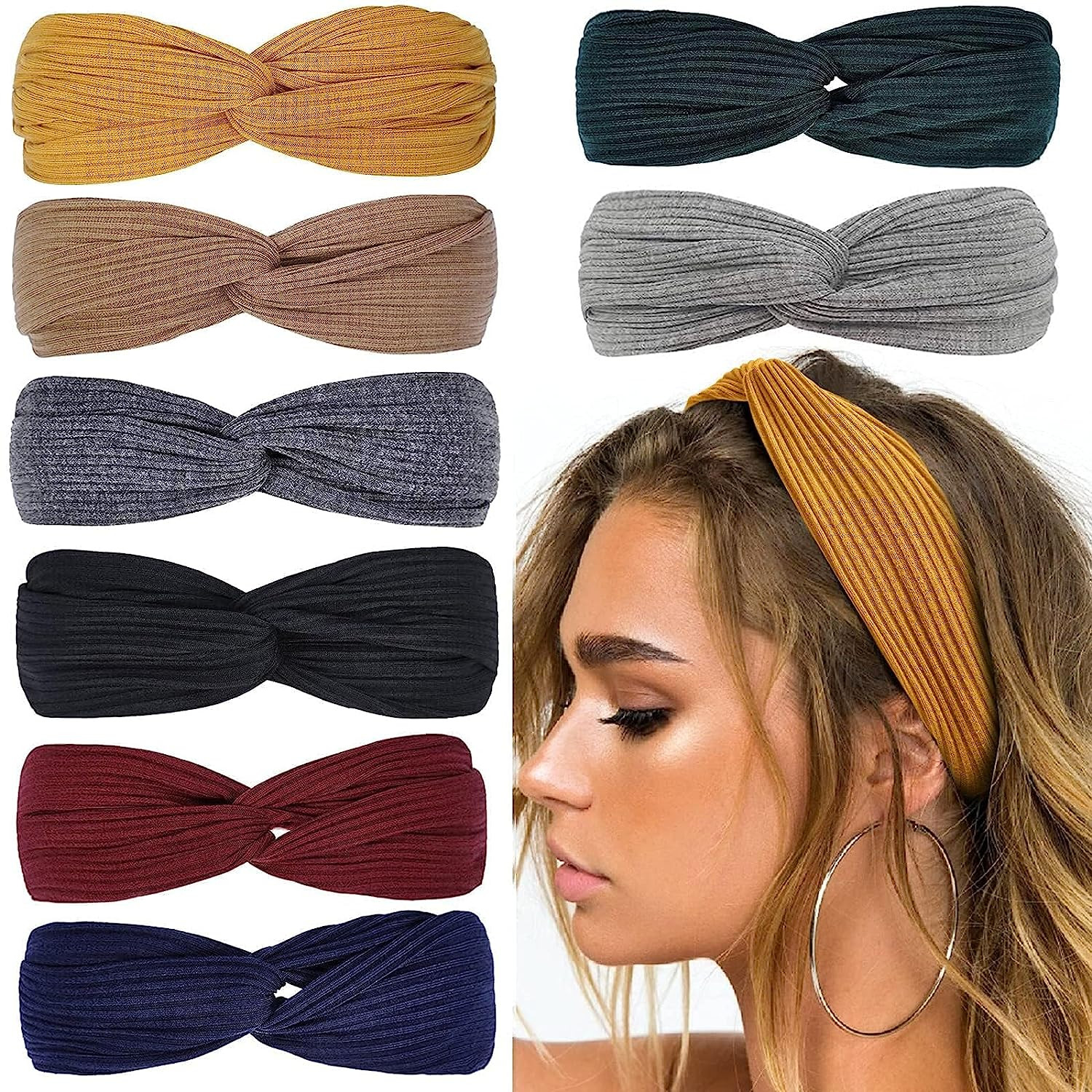 8 Pack Boho Knotted Headbands for Women Stretchy Ribbed Twist Hair Bands