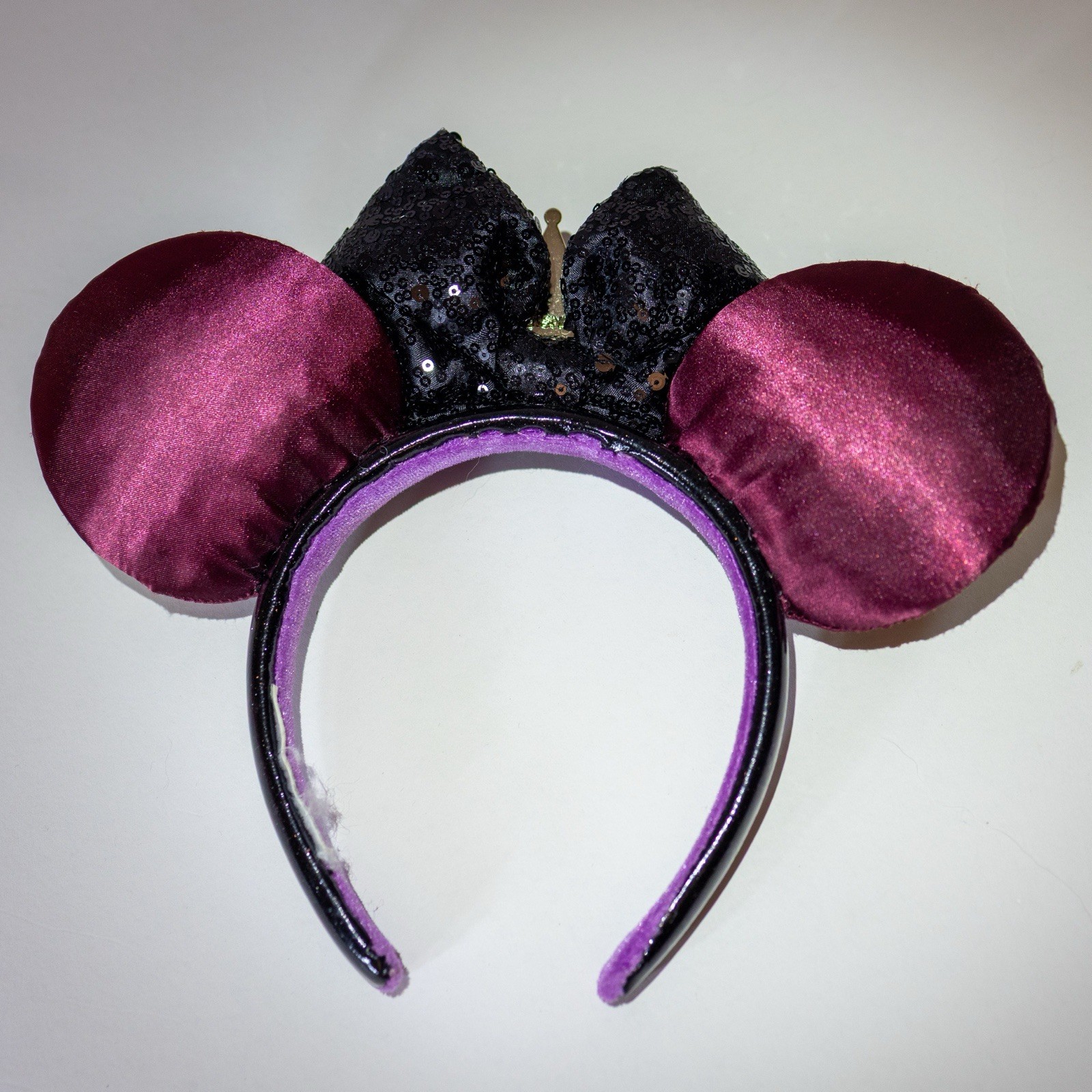 Maleficent Mouse Ears Headband Purple Black Green Sequin Bow, Padded Solid