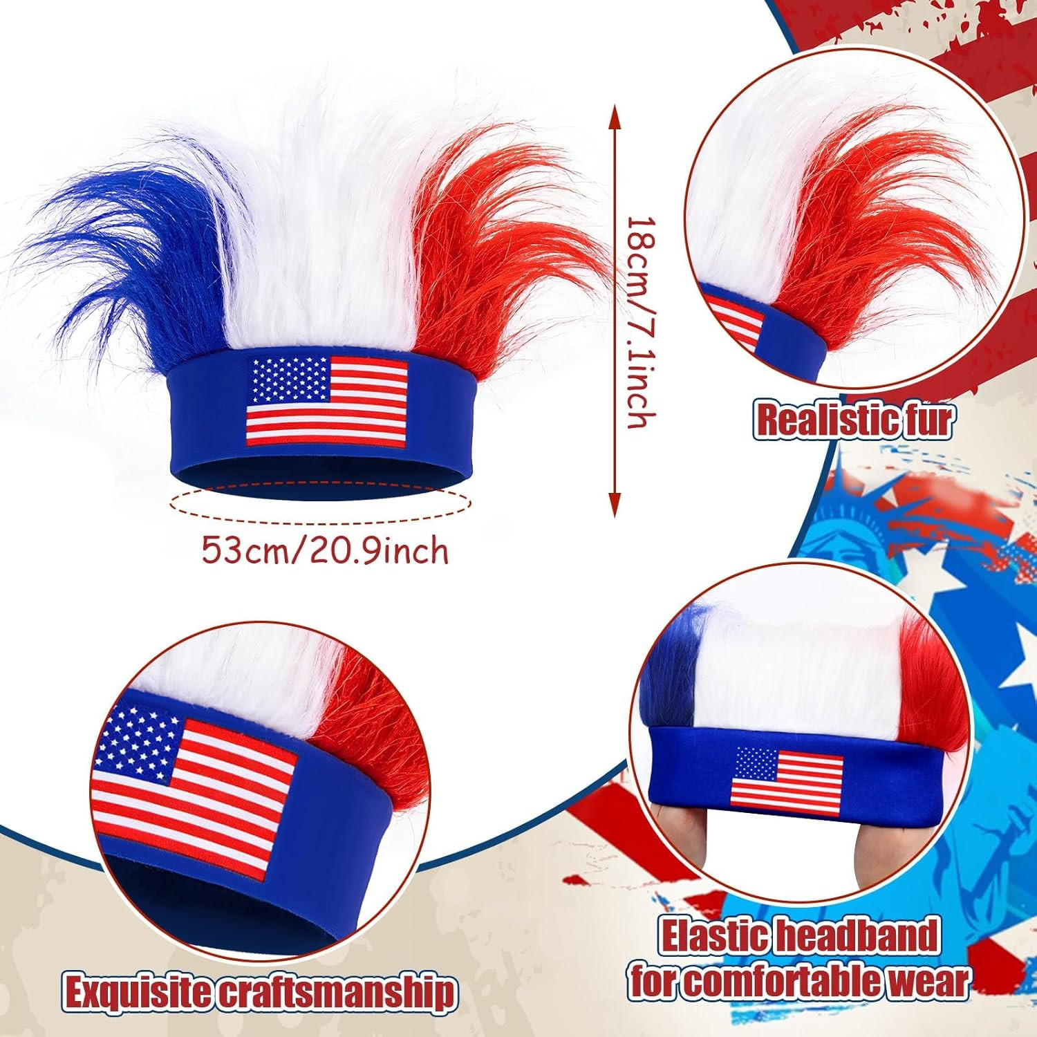 3 Pcs Patriotic Hairy Headband for Adults, 4Th of July Hair Accessories USA Wig
