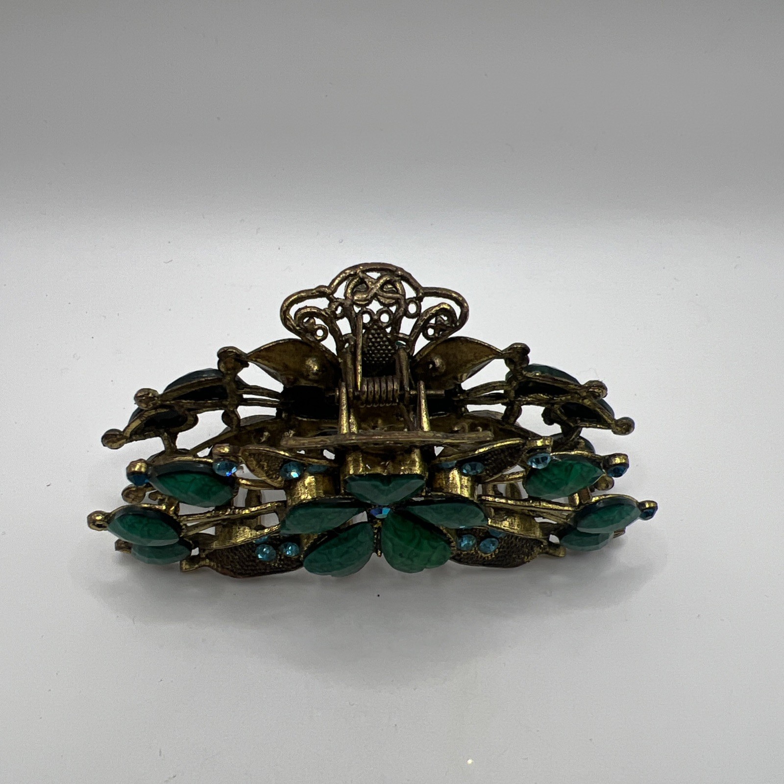 Emerald Green Glass Blue Rhinestone Floral Hair Claw Clip