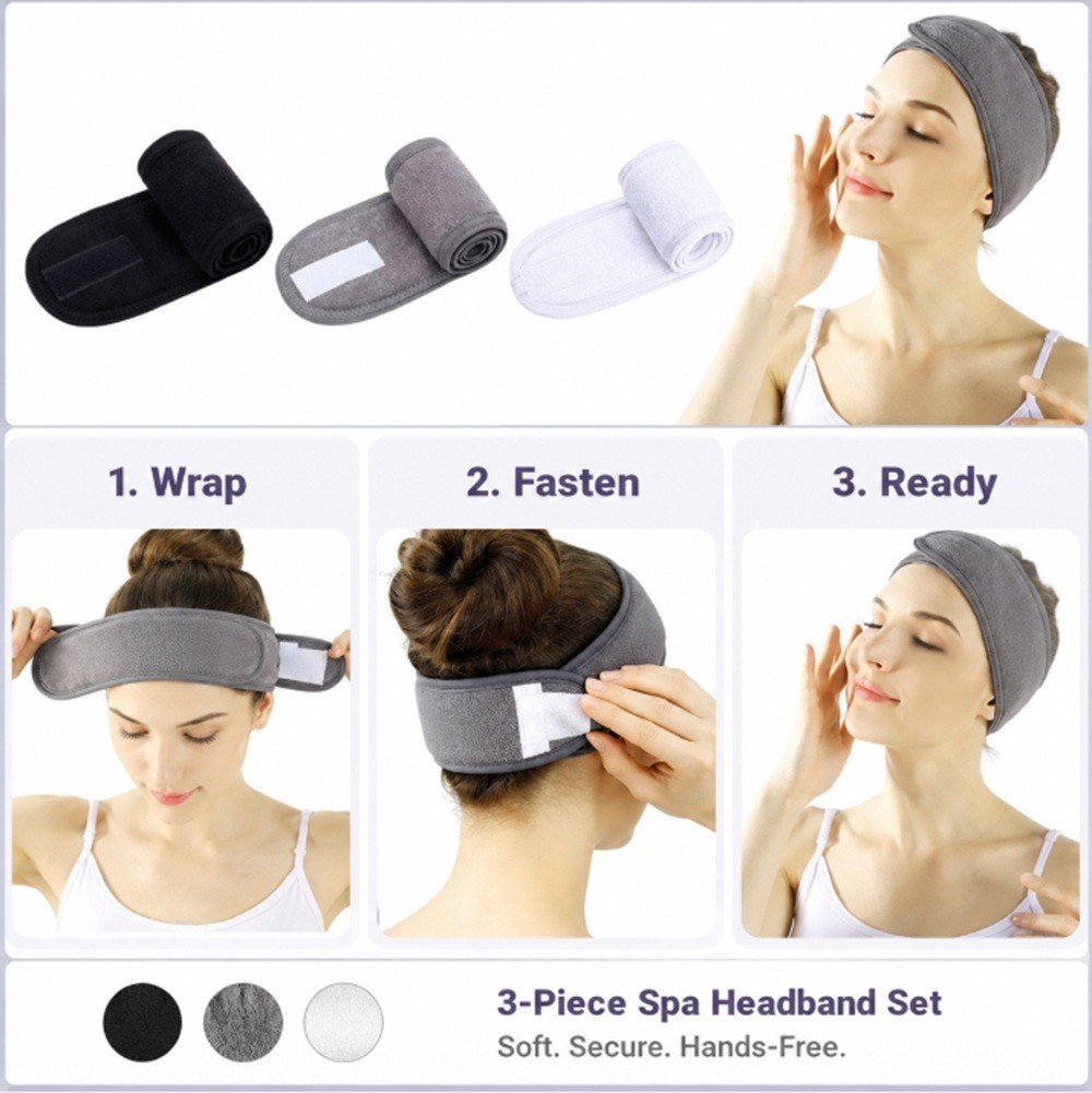 3-Pack Spa Facial Headbands Stretchable Hair Wraps for Makeup Shower Bath Sports