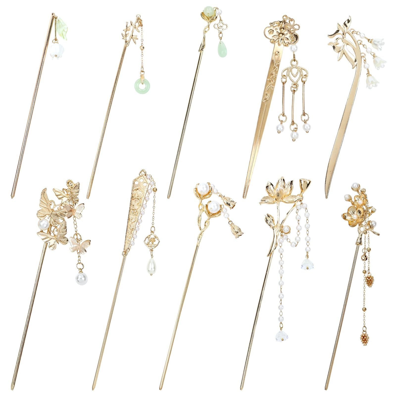 10 Pack Retro Gold Metal Long Hair Sticks Pins with Pearl Jade Dangles Tassel…