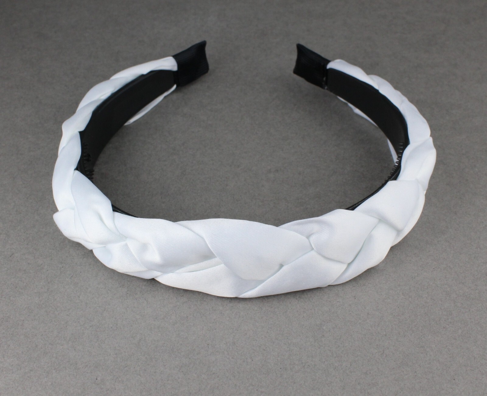 White satin braided headband soft fabric covered band grip teeth braid 1″ wide
