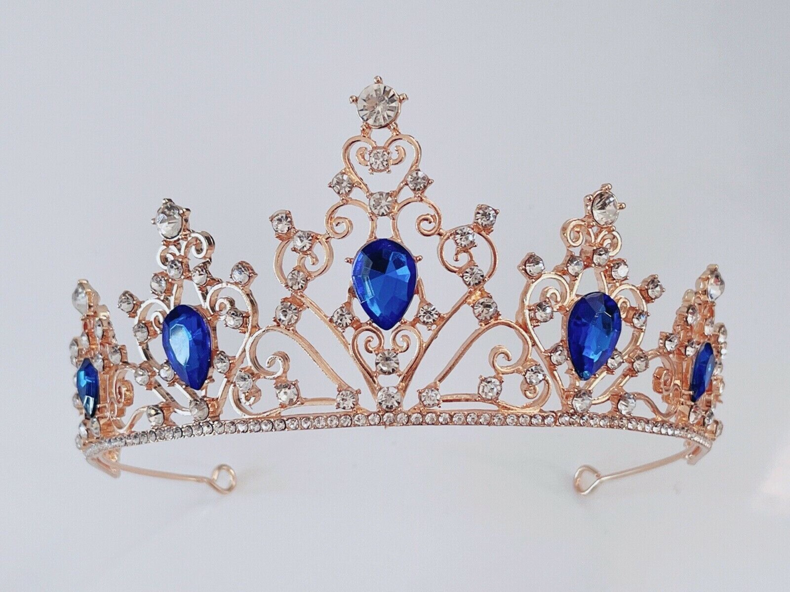 Women Royal Blue Crystal Rhinestone Queen Party Gold Hair Headband Crown Tiara