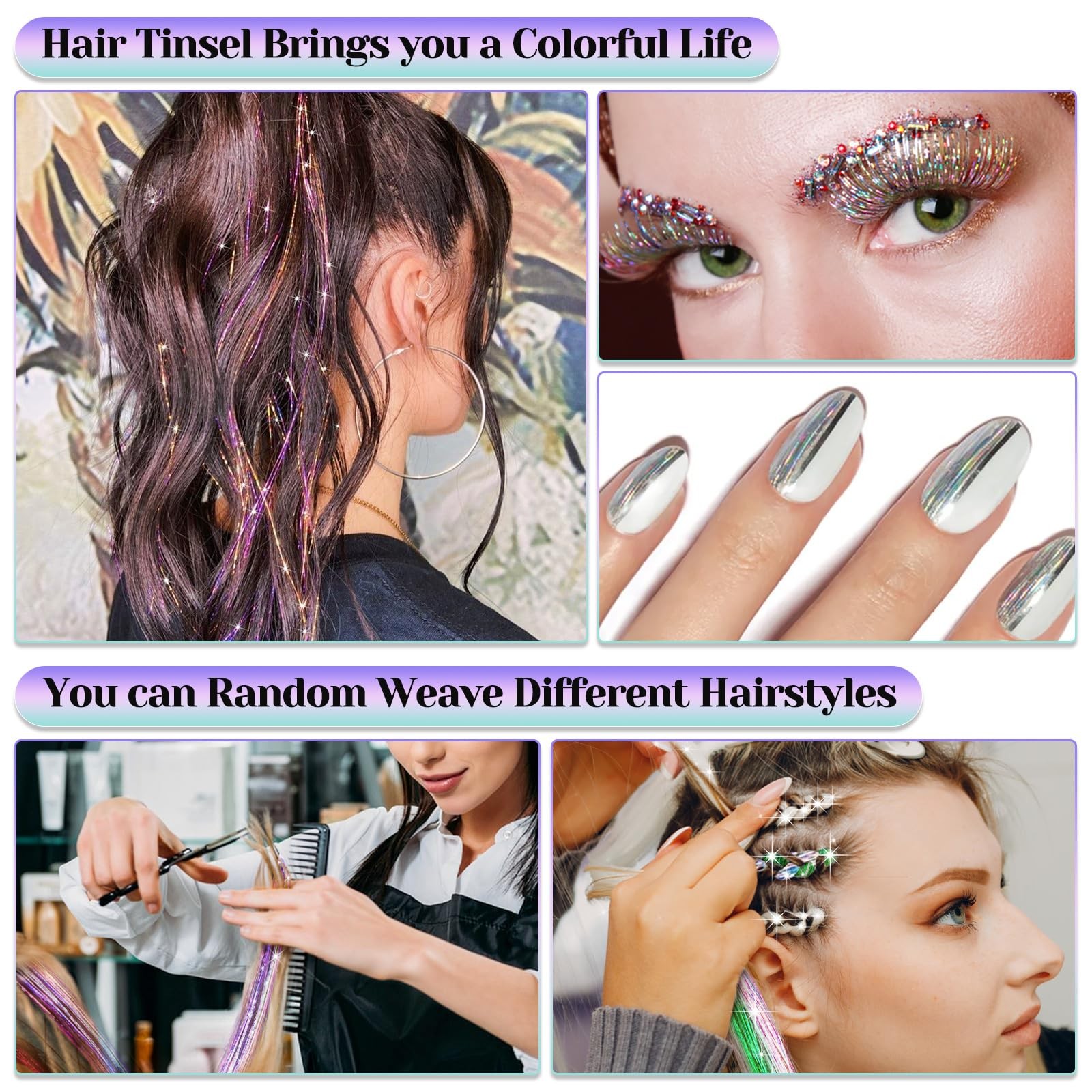 Extensiones de cabello con purpurina, resistentes al calor y con brillo.