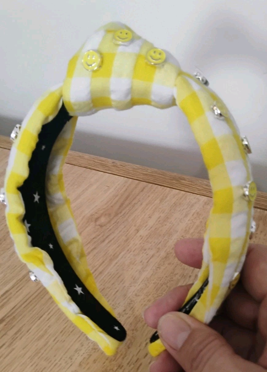 Living Fully Co Headband Yellow Gingham Smiley Faces Knotted W/Bag