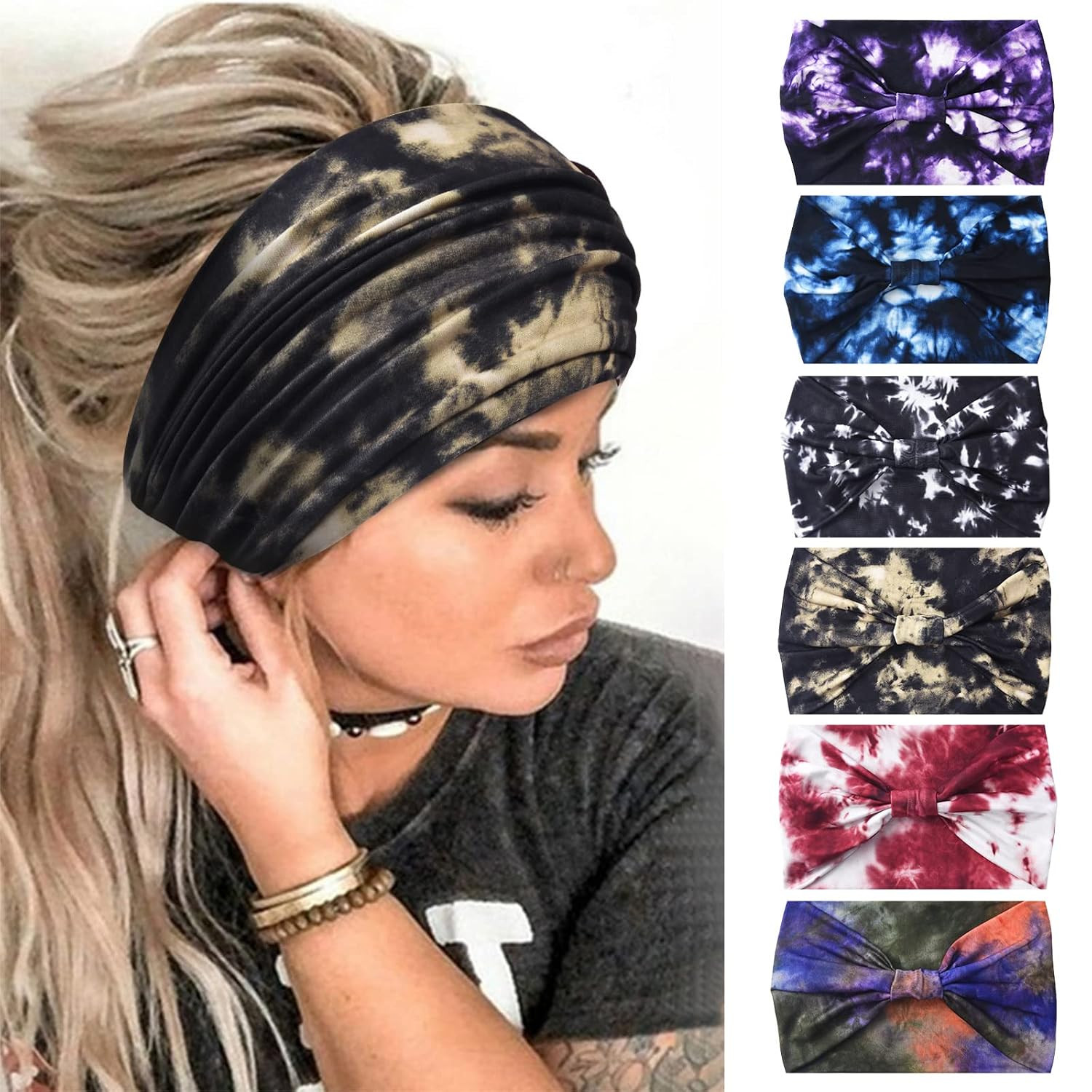 Wide Headbands for Women Non Slip Boho Headband Elastic Tie Dye Yoga Pack of 6