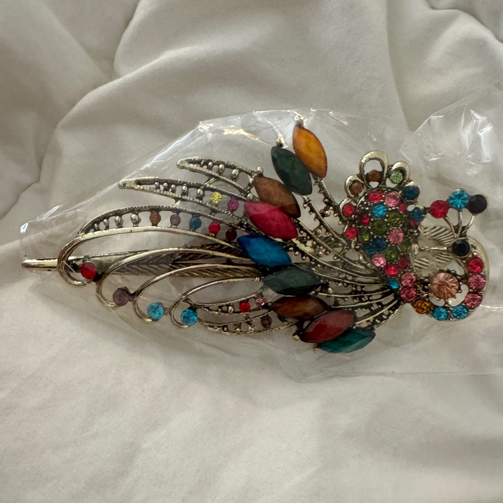 Vintage Style Peacock Hair Clip Multicolor Rhinestone Antique Gold Tone Barrette