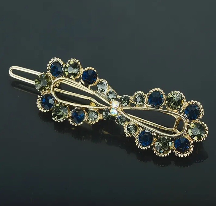 Green & Navy Blue Rhinestone Gem Gold Infinity Bow Hair Clip Barrette