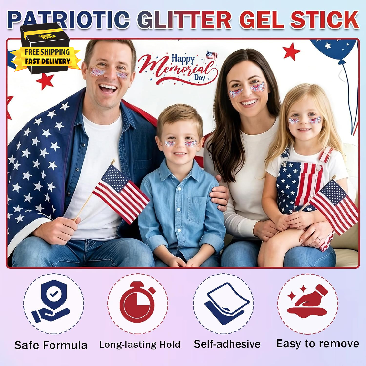 Red White Blue Body Glitter Stick, Patriotic Face Hair Glitter Gel | Waterproof