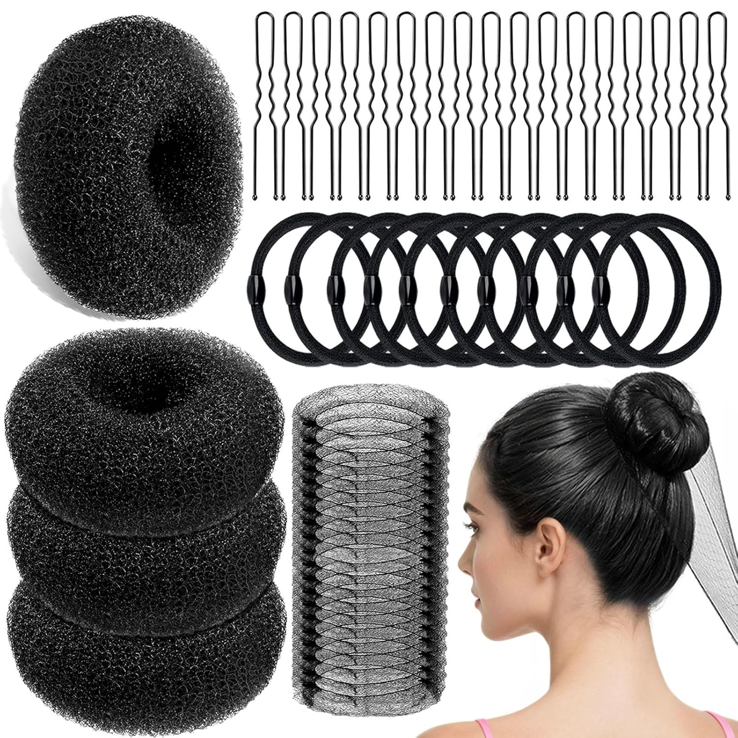 YINGFENG 134 Pcs Black Hair Bun Maker Kit Medium – 4 Bun Hair Pieces for Women,
