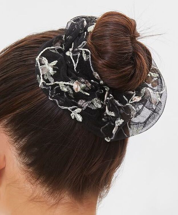 Forever 21 Embroidered Floral Mesh Scrunchie – Black w/ Colored Floral – NWT