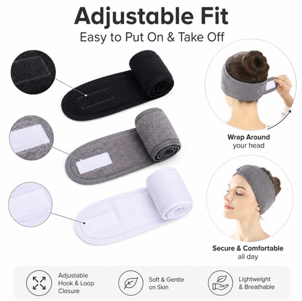 3-Pack Spa Facial Headbands Stretchable Hair Wraps for Makeup Shower Bath Sports