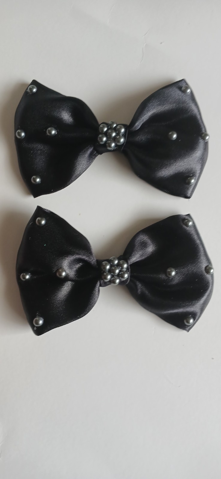 Set of 2 Black Satin Bow Hair Clip Barrettes w/ Silver Rhinestone Accents