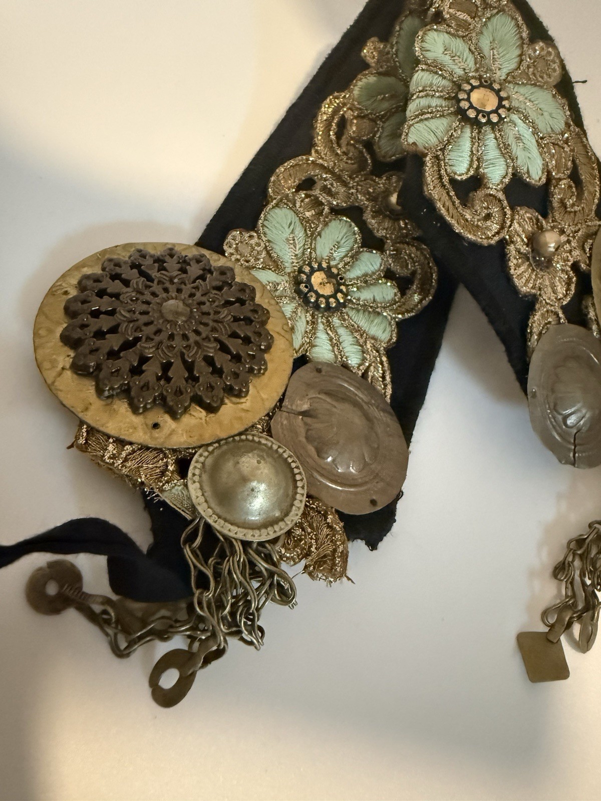 MF-087 One of a Kind Tribal Fusion Headpiece Mint Floral Black Velvet ATS