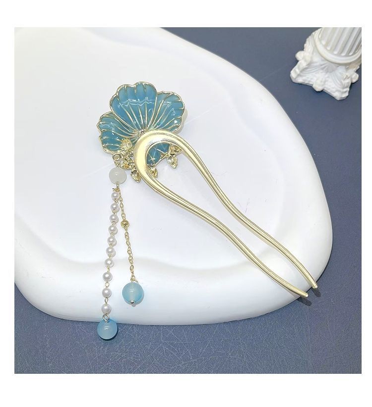 Chinese Style Peony Tassel U-Shaped Hairpin Vintage Qipao Hairpin