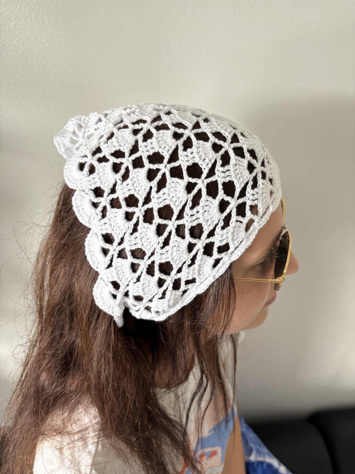 White Crochet Floral Bandana Headscarf Triangle Cotton Eco-Friendly for Women