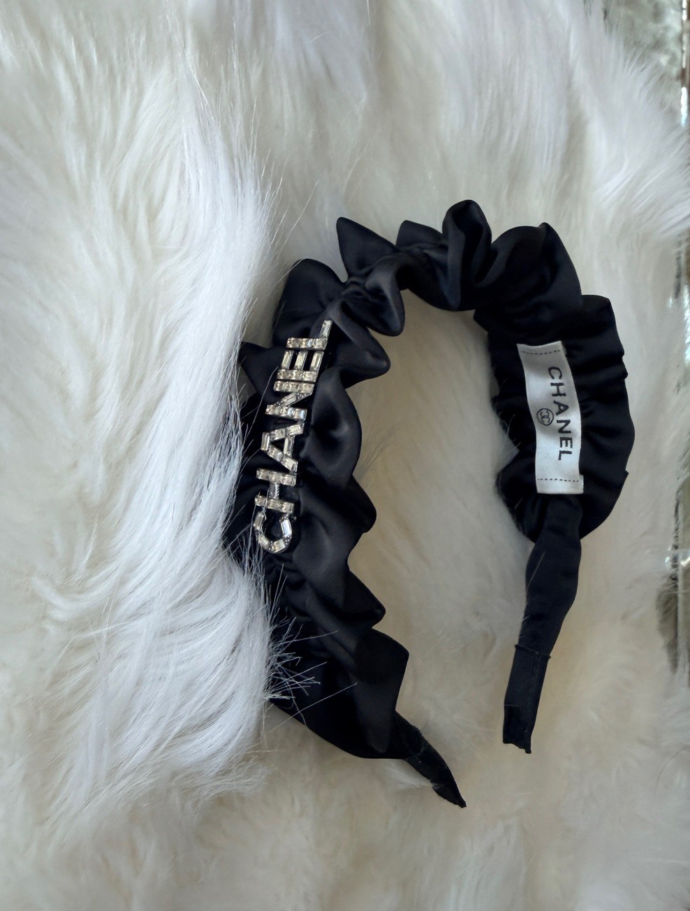 Chanel Black Satin Ruffle Headband Crystal Logo Hair Accessory