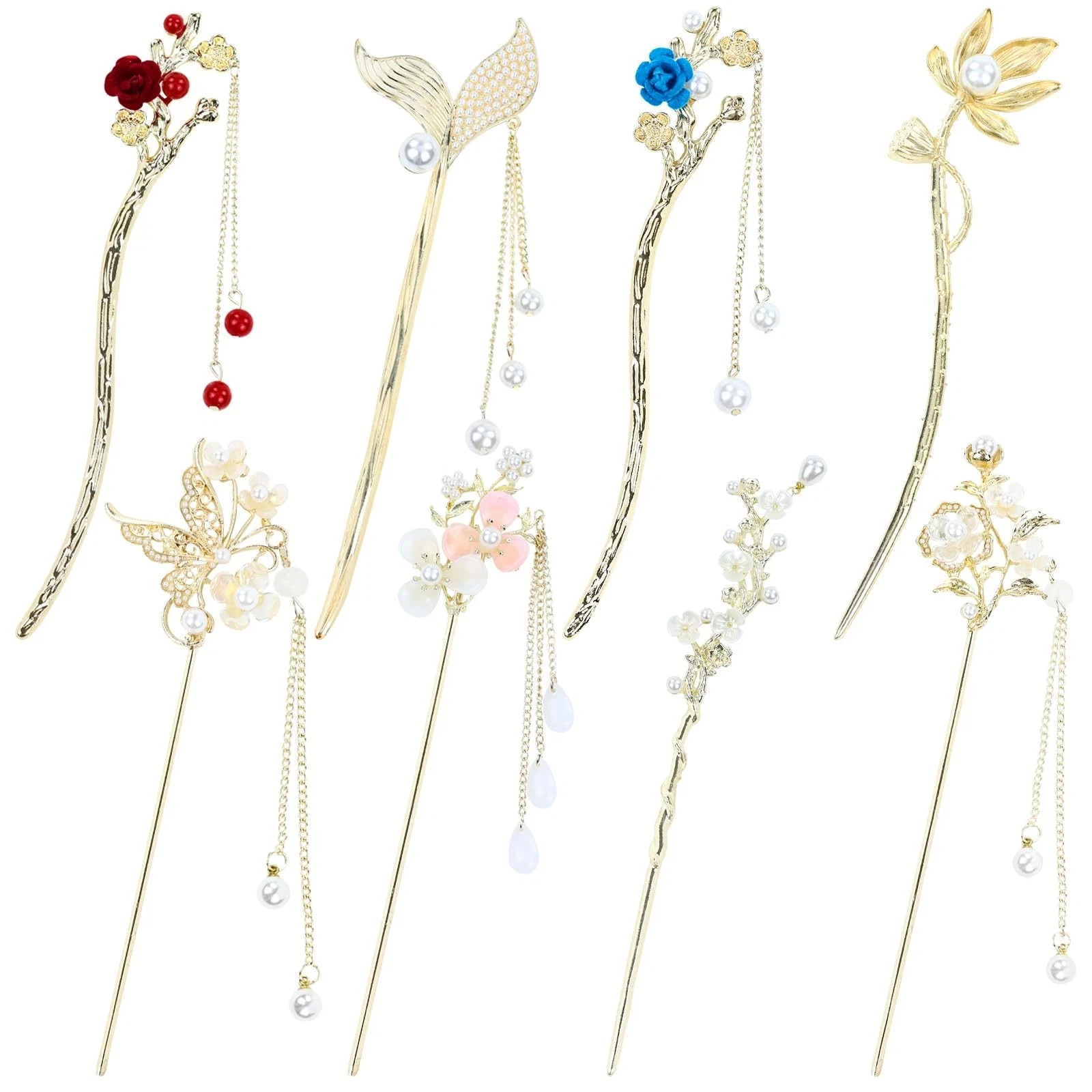 8-Piece Vintage Asian Hanfu Gold Metal Flower Hair Sticks with Pearls for Women