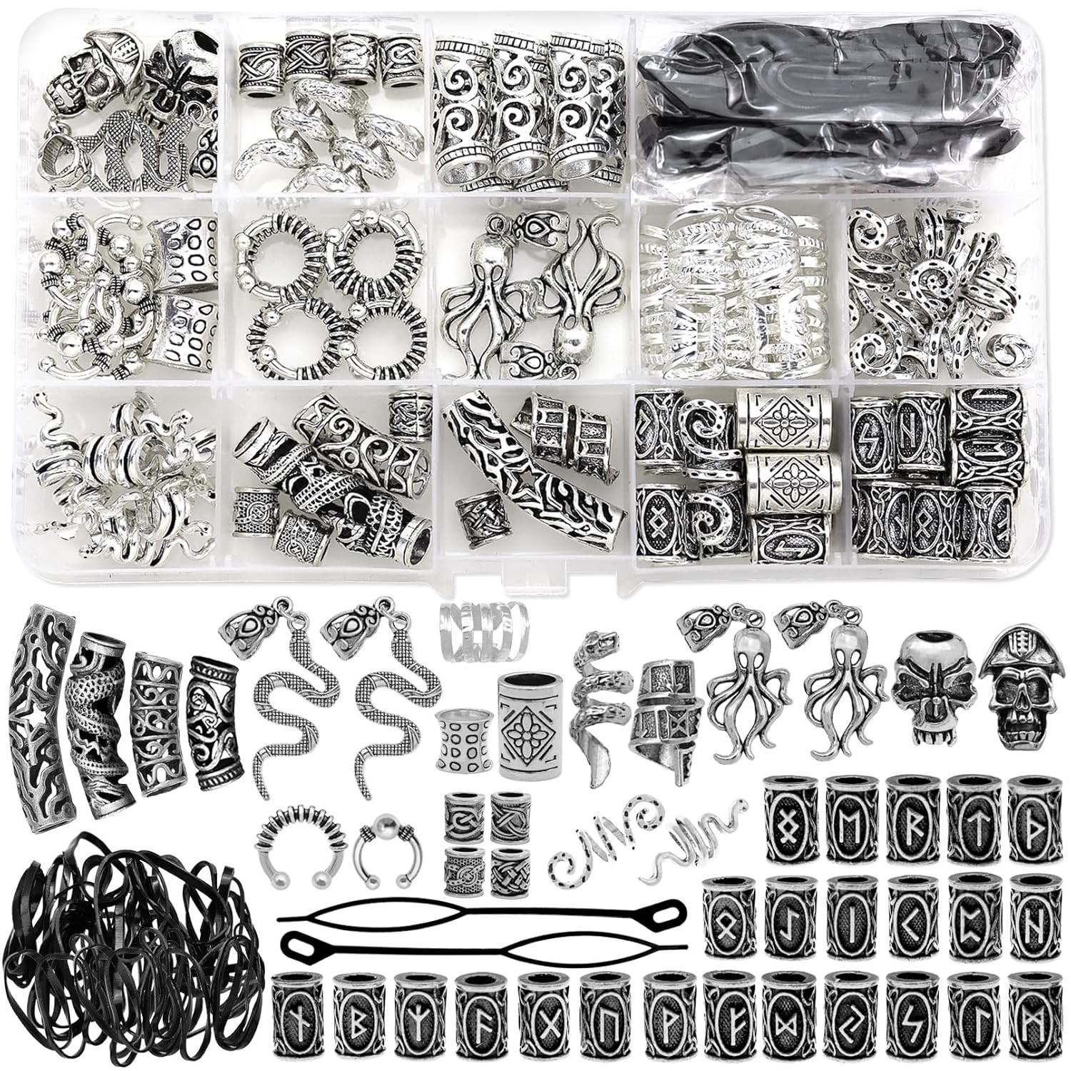 Fscwlmon 207Pcs Viking Hair Jewelry Nordic Runes Tube Beads,Accessories Kit for