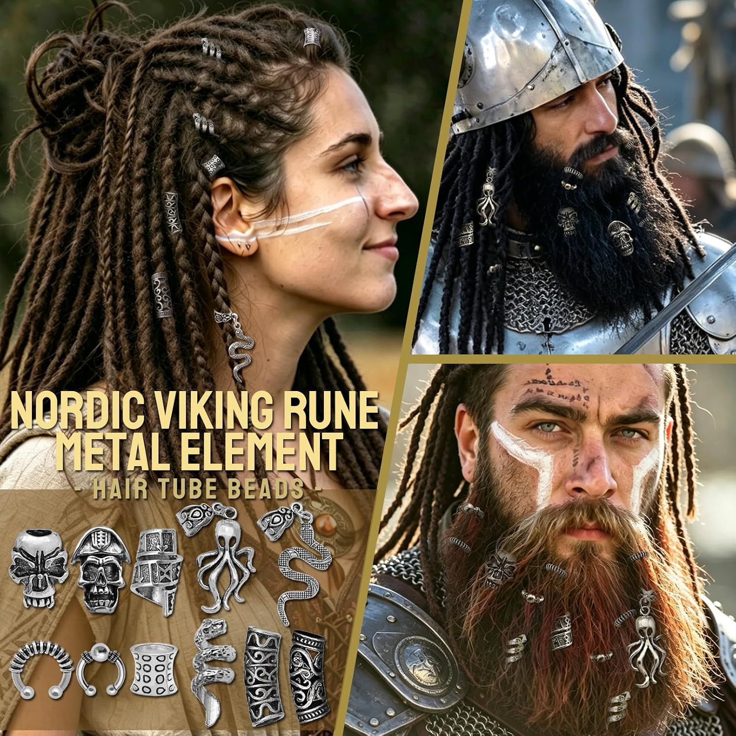 Fscwlmon 207Pcs Viking Hair Jewelry Nordic Runes Tube Beads,Accessories Kit for