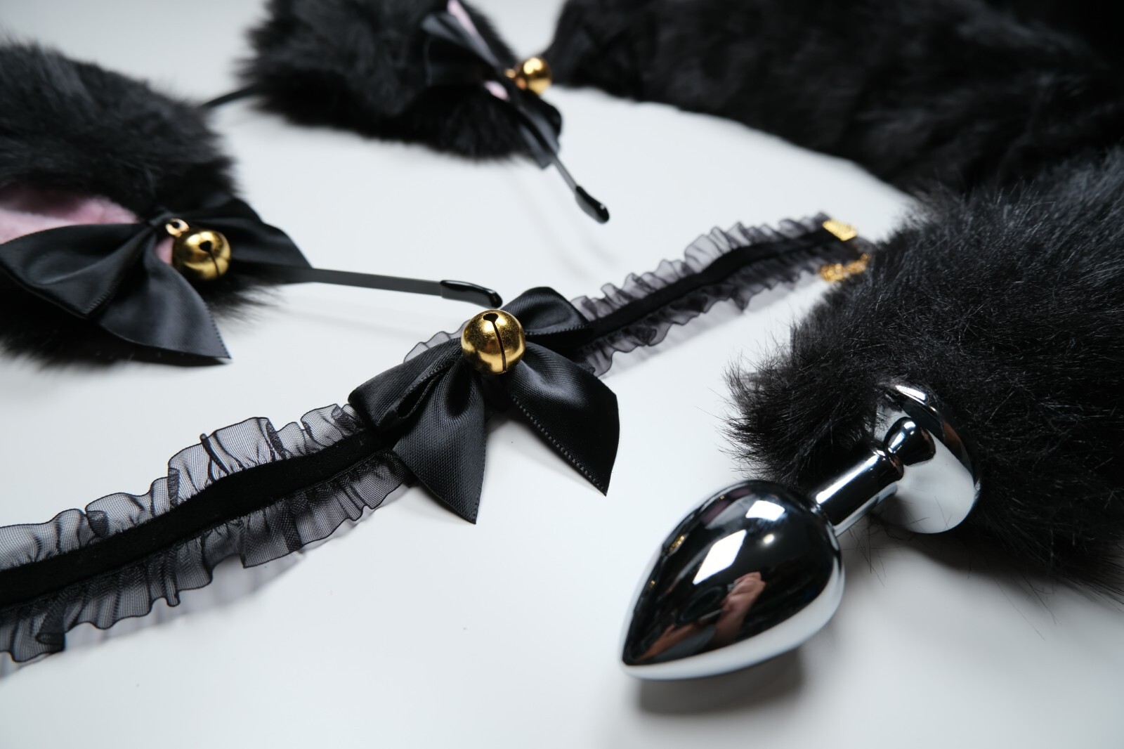 Black Pink White Cute Ear With Bell Bows Cat Ears BDSM Pet Play Set Cosplay